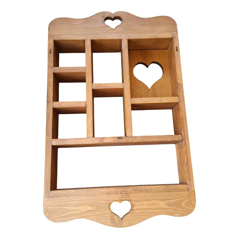 Vintage Cottagecore Wooden Heart Cutout Trinket Shelf Pegs Peekaboo Large